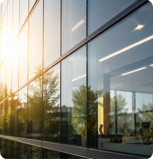 Sonnenschutzfolie an der Glasfassade eines modernen Bürogebäudes